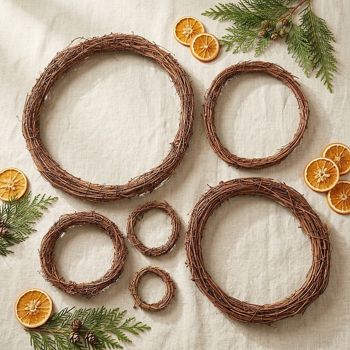 Natural rattan wreaths in assorted sizes with dried orange slices