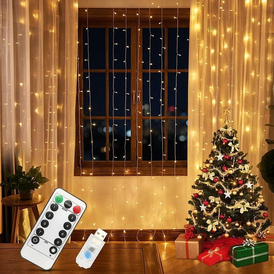 Warm white LED curtain lights on a window beside a Christmas tree