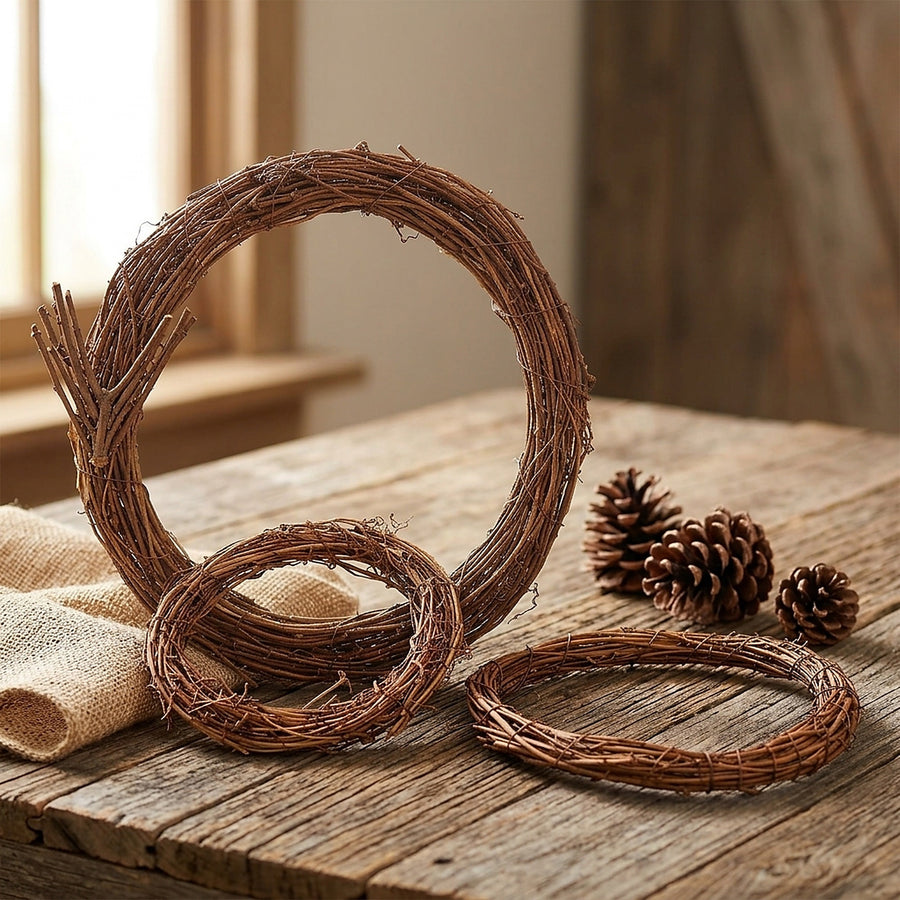 Natural rattan wreath bases in several sizes on a wooden table