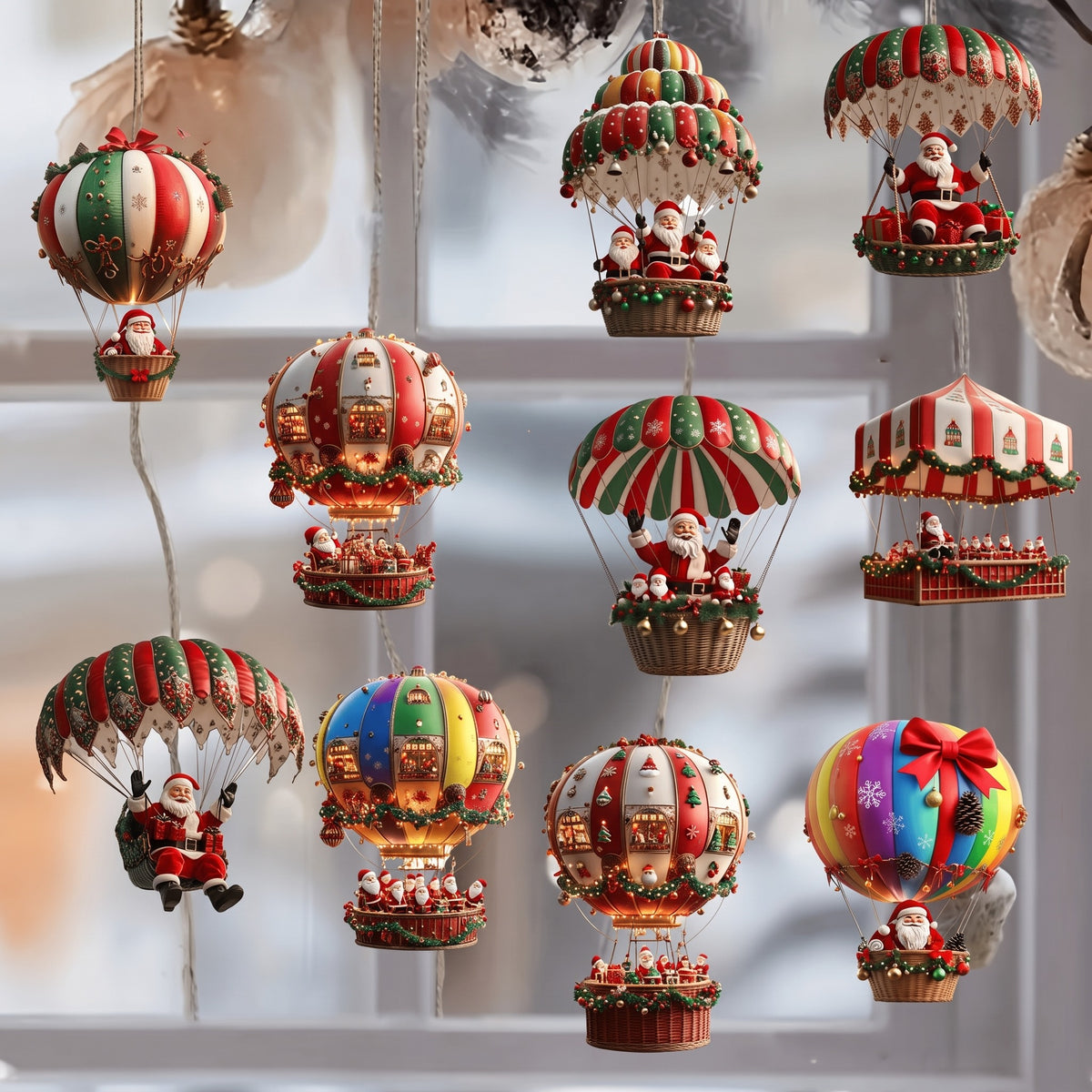 Wooden Santa hot air balloon ornaments hanging in a window