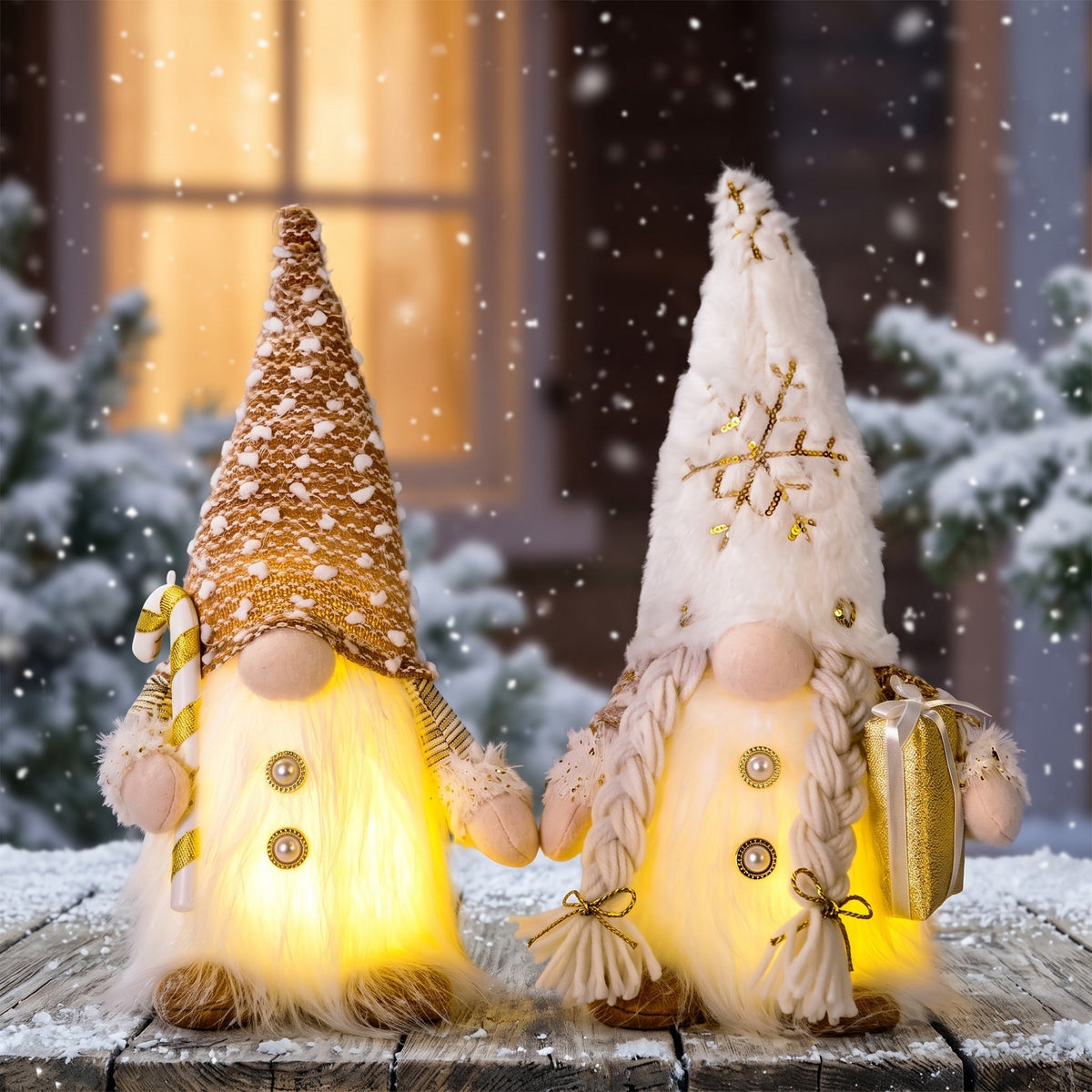 Light-up gnomes with gold sequin and white knit hats in the snow