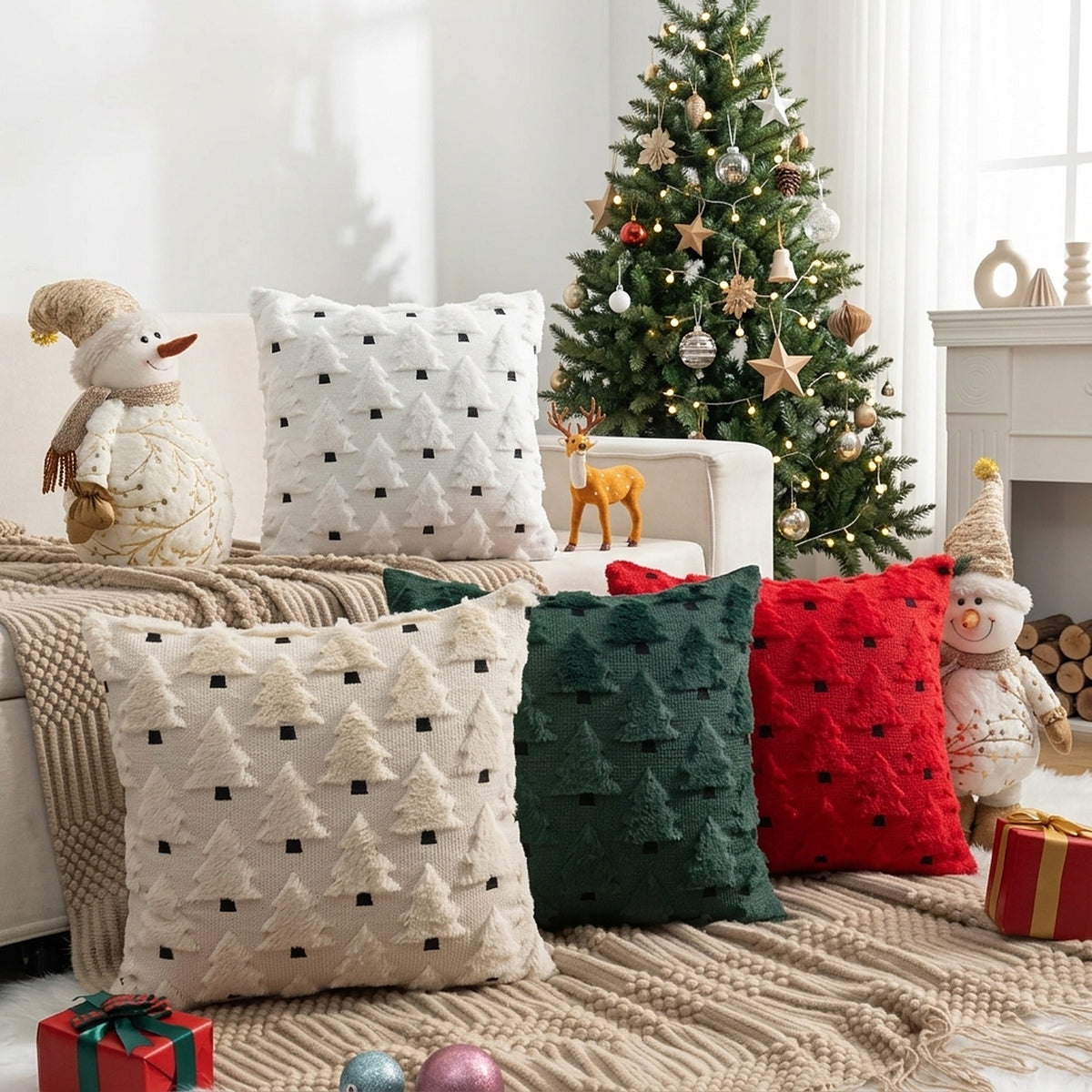 Christmas tree pillow covers in white, beige, green and red on a sofa