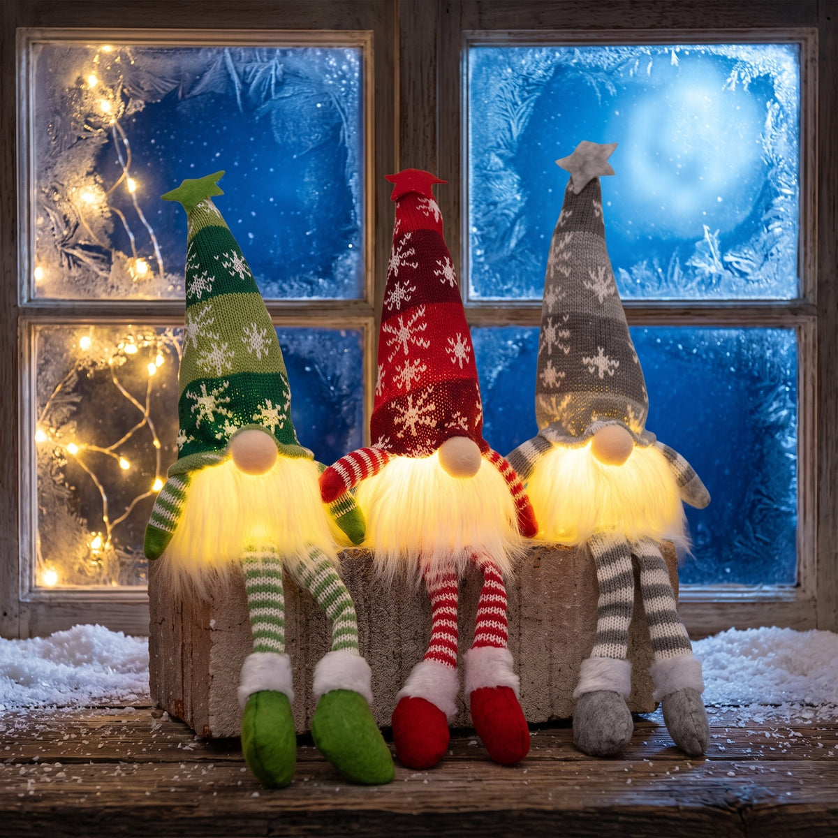 Three light-up knitted gnomes with dangling legs in green, red and grey on a windowsill