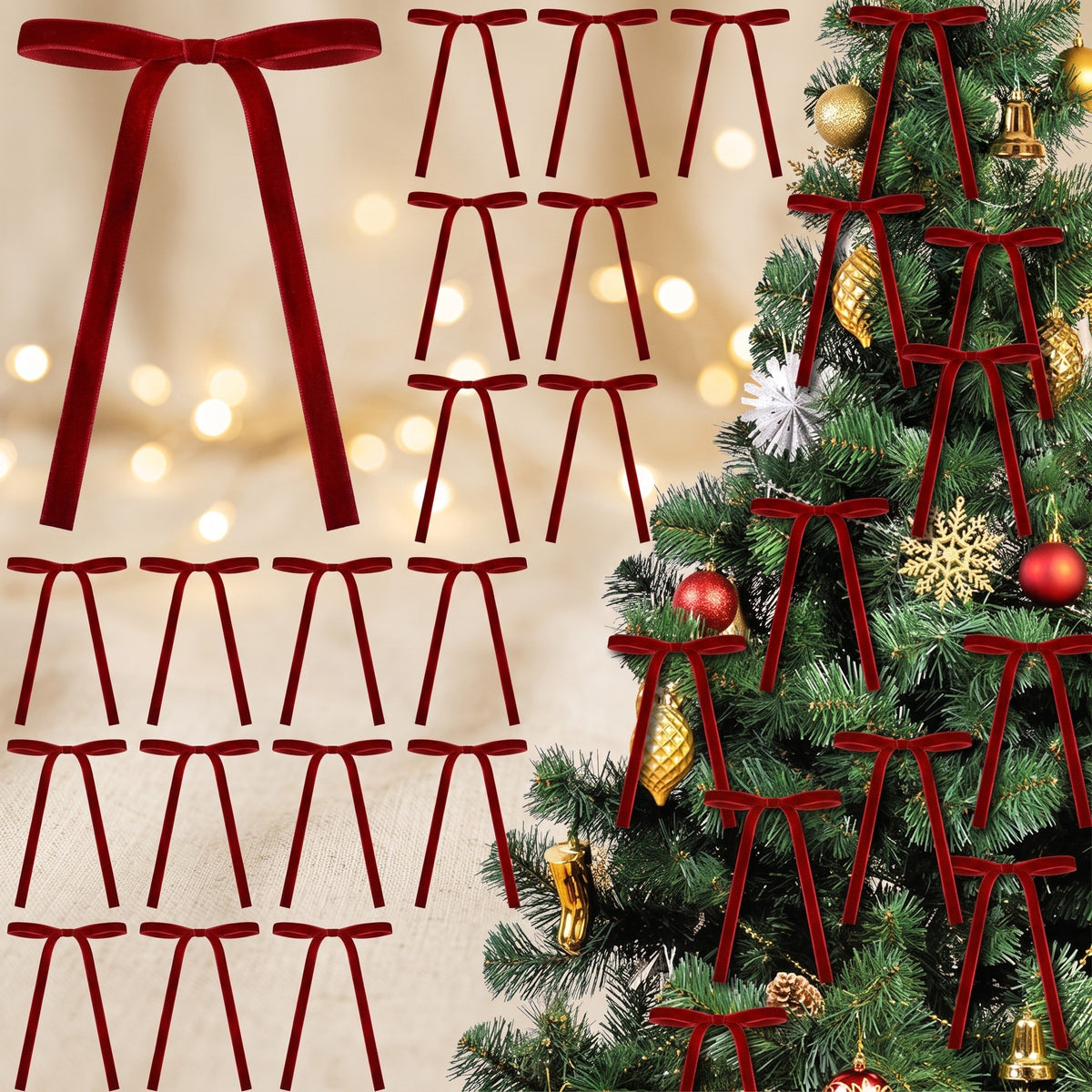 Burgundy velvet bows tied on a Christmas tree