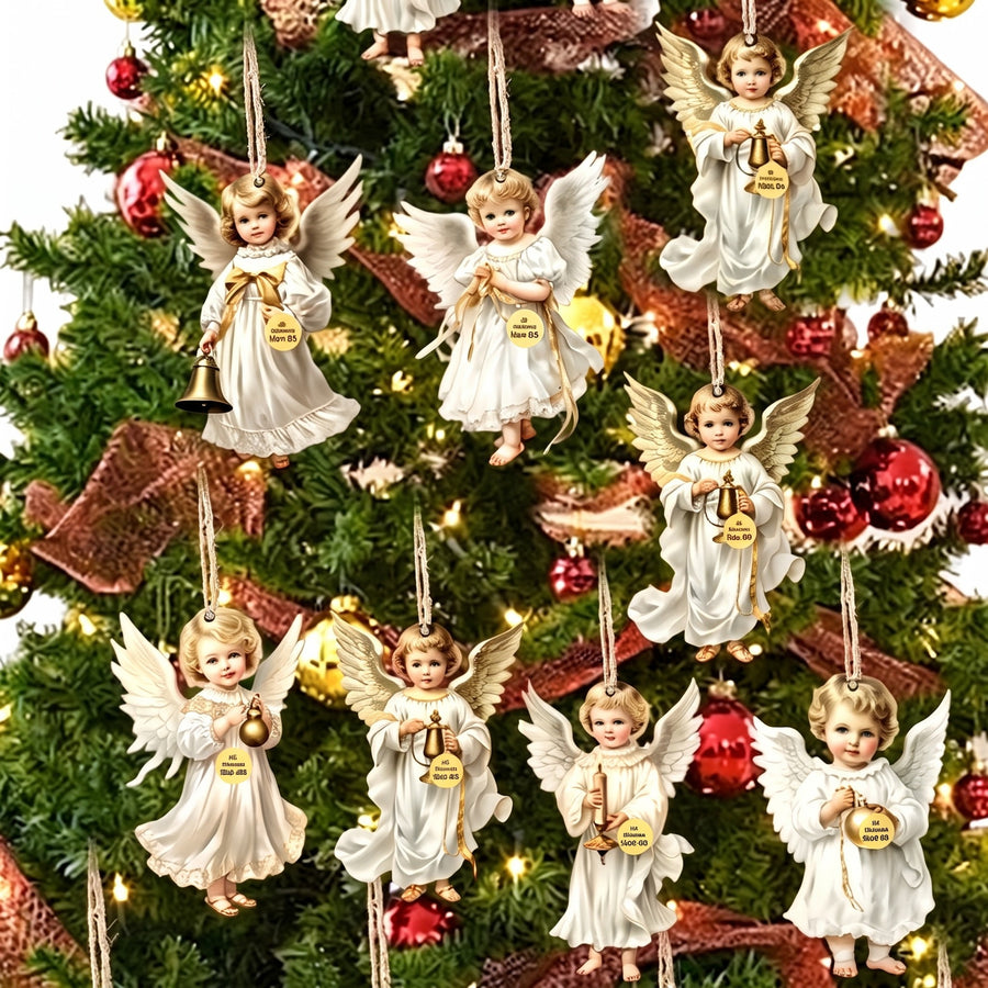 Vintage-style wooden angel ornaments hanging on a decorated Christmas tree