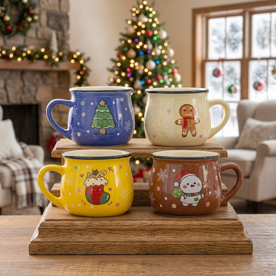 Four Christmas character ceramic mugs on a wooden stand by a fireplace