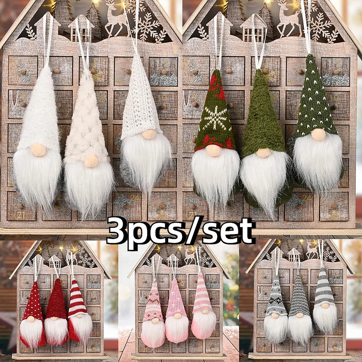 Plush gnome ornament sets of 3 in white, green, red, pink and grey