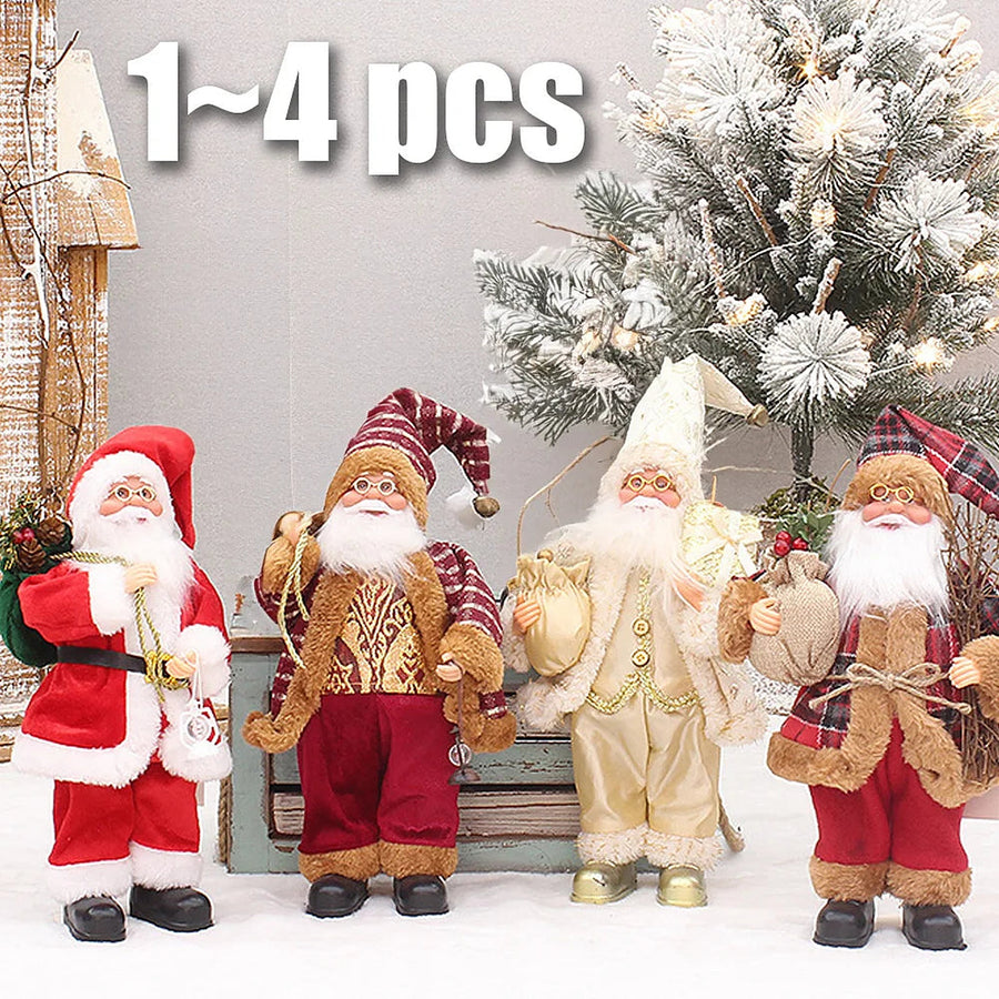 Four standing Santa Claus figures in red, plaid and cream outfits