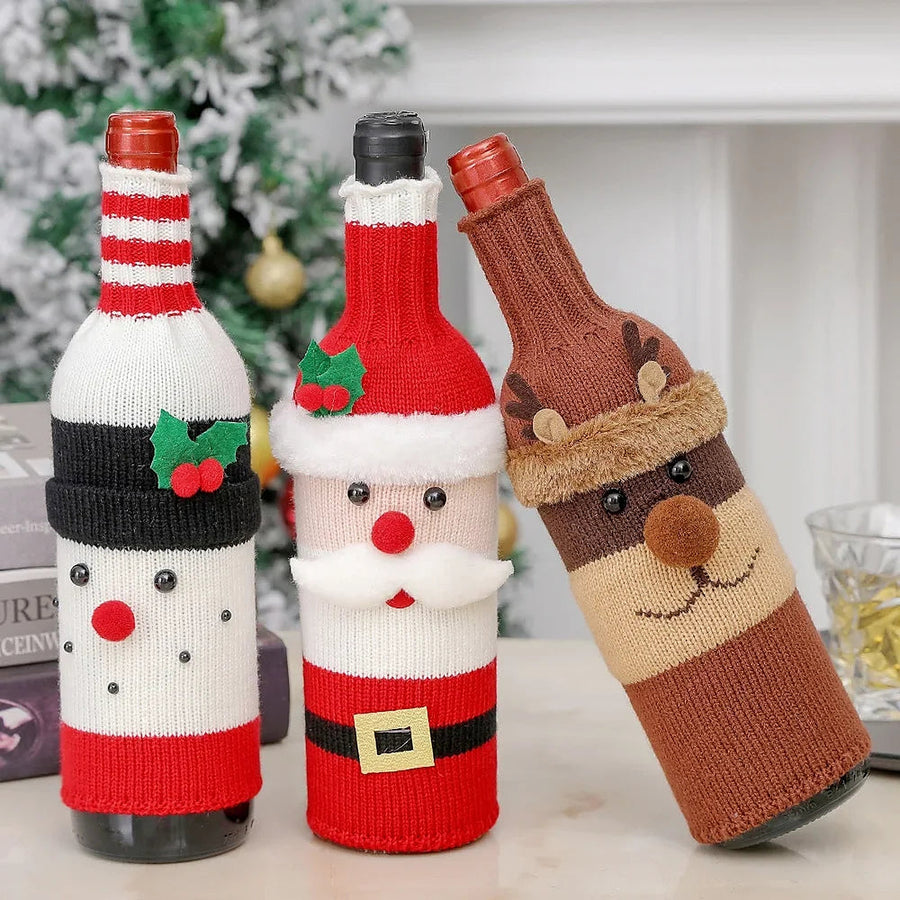 Knit wine bottle covers: snowman, Santa and reindeer