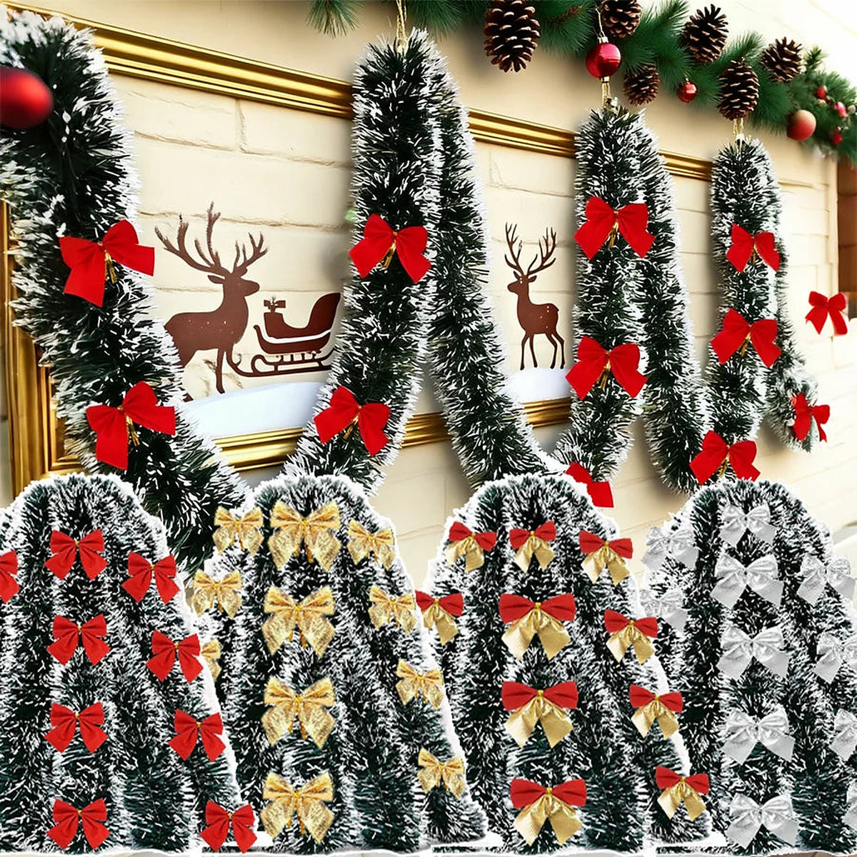 Frosted green tinsel garlands with red, gold and silver bows