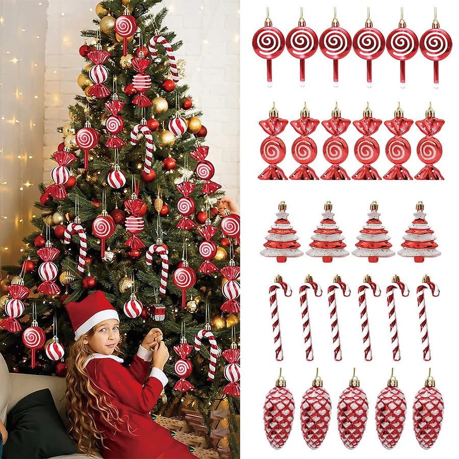 Christmas tree decorated with red and white candy ornaments beside the ornament styles