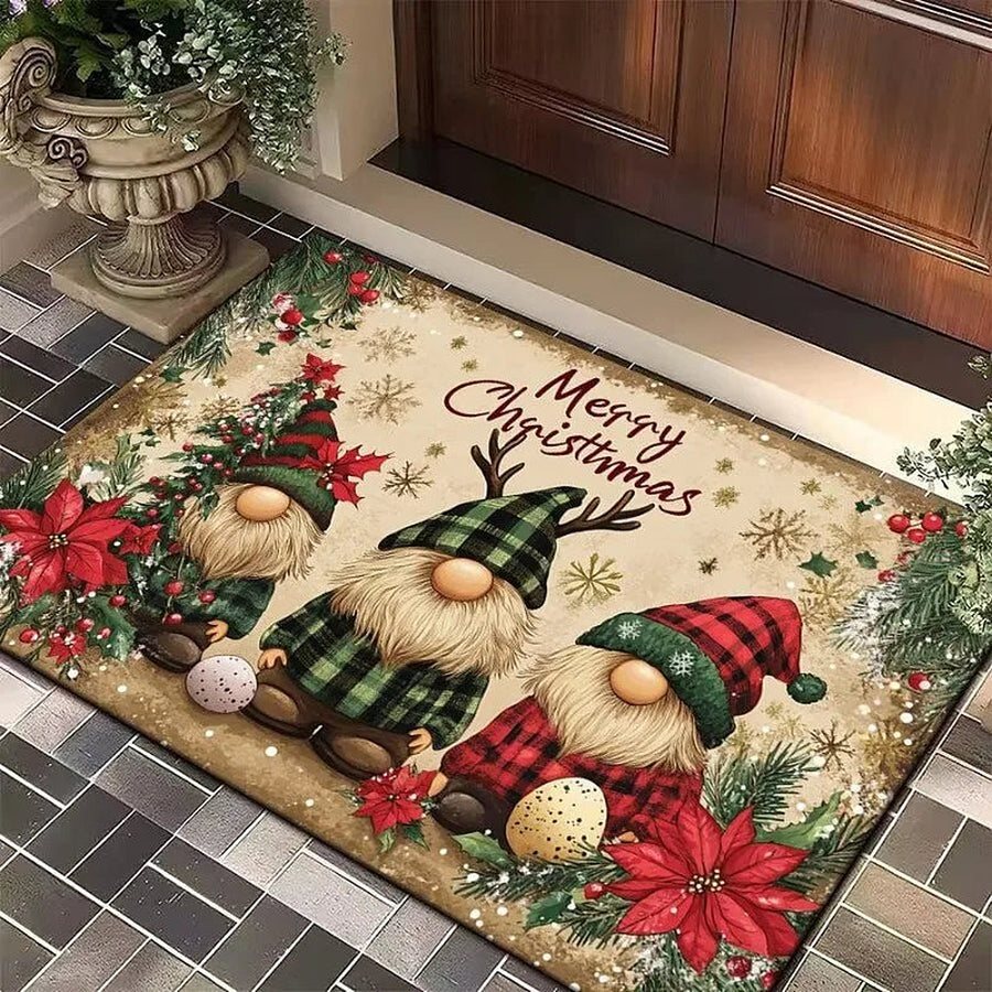 Beige Merry Christmas door mat with plaid gnomes