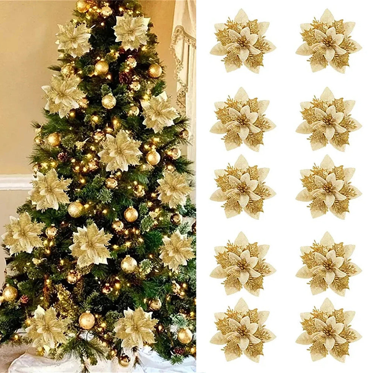 Christmas tree decorated with gold glitter poinsettias