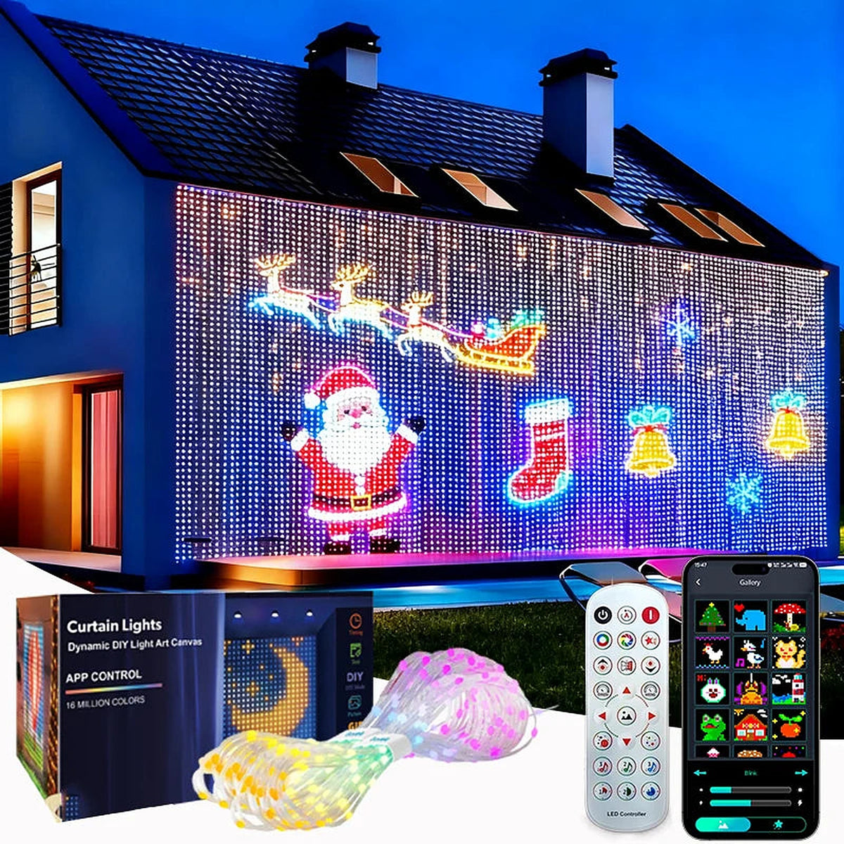 Smart LED curtain lights showing Santa and reindeer on a house, with app and remote