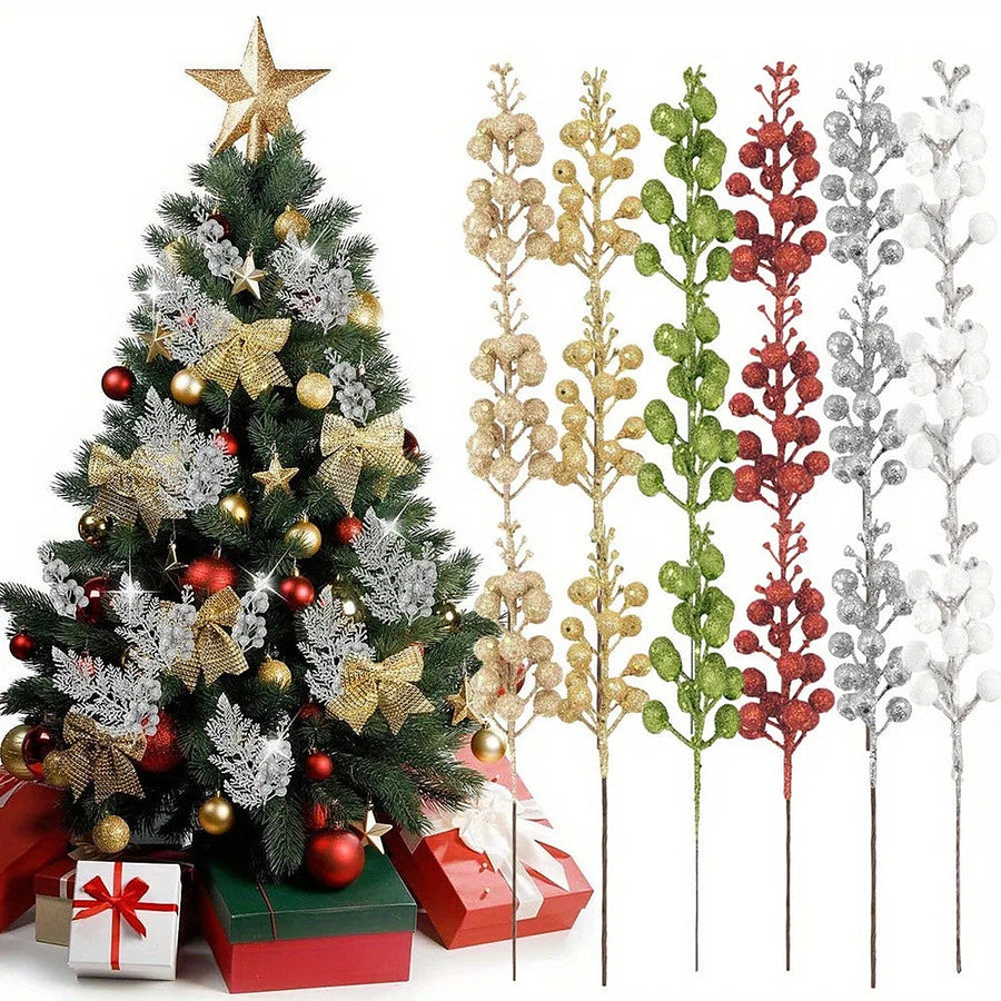 Glitter berry picks in gold, green, red, silver and white beside a decorated Christmas tree