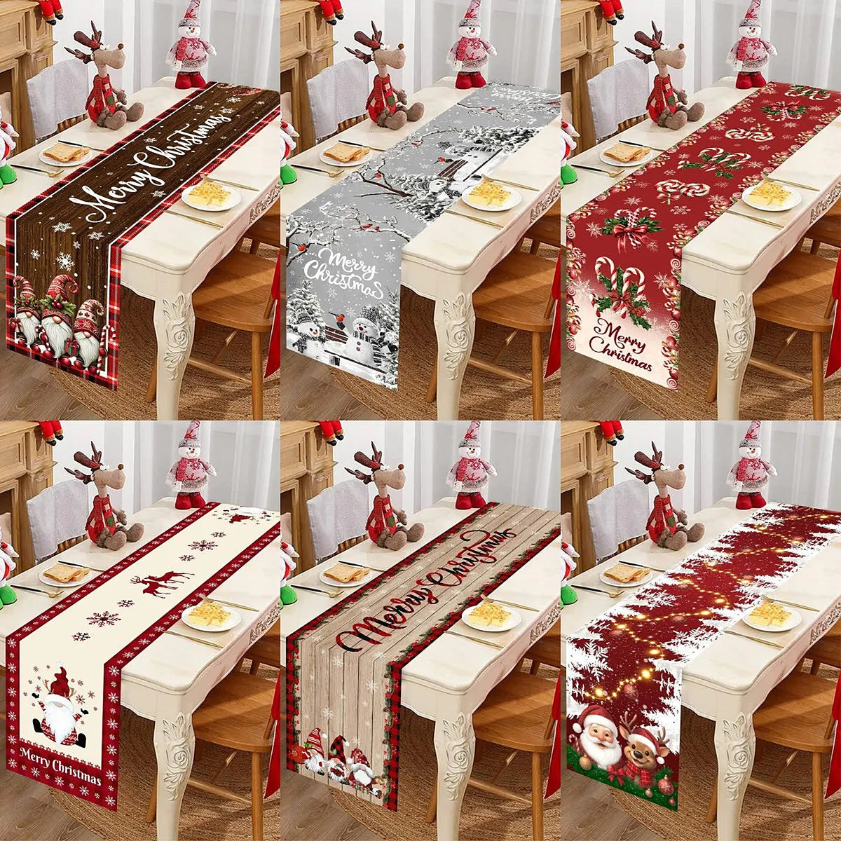 Christmas table runner designs shown on dining tables