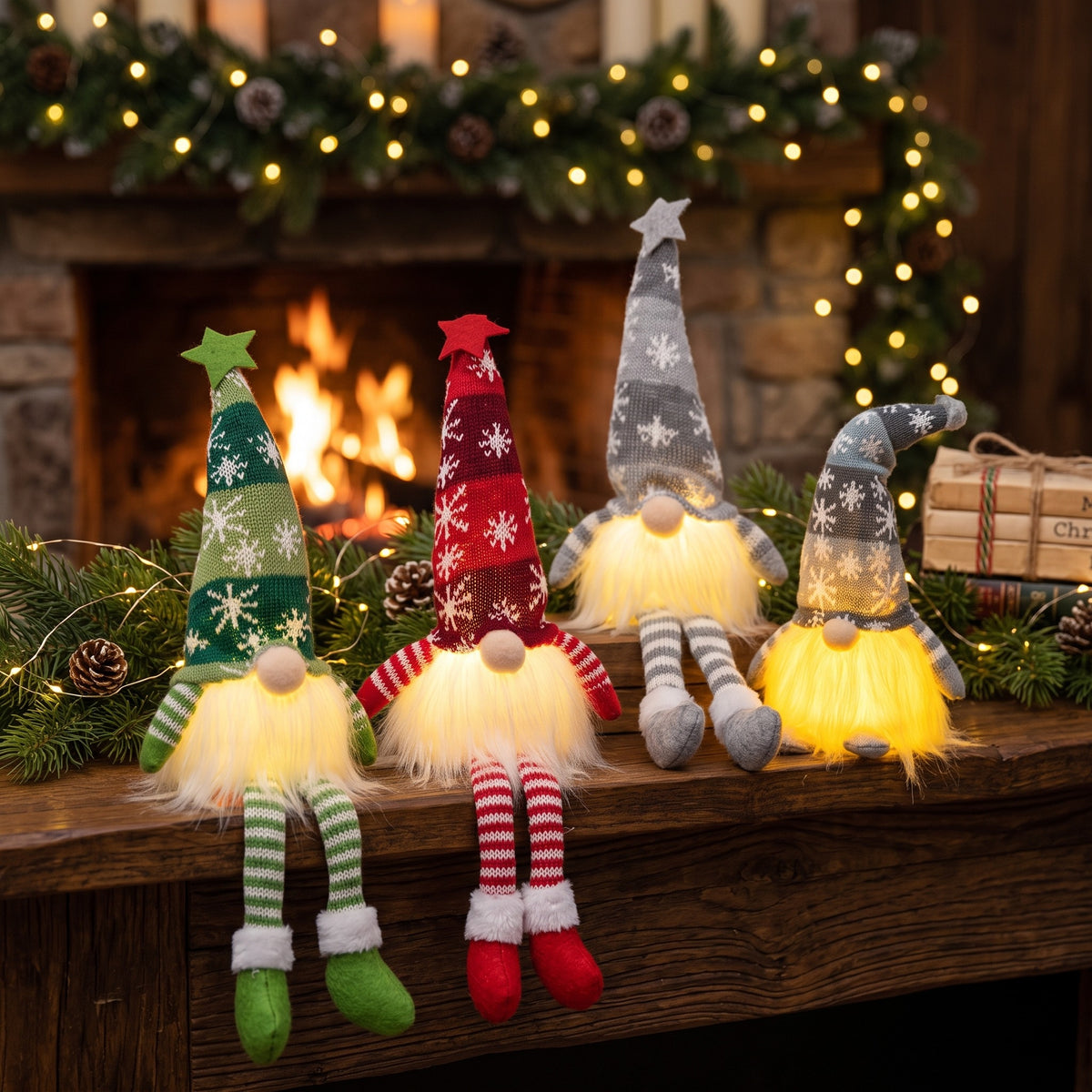 Light-up knitted gnomes in green, red and grey on a fireplace mantel