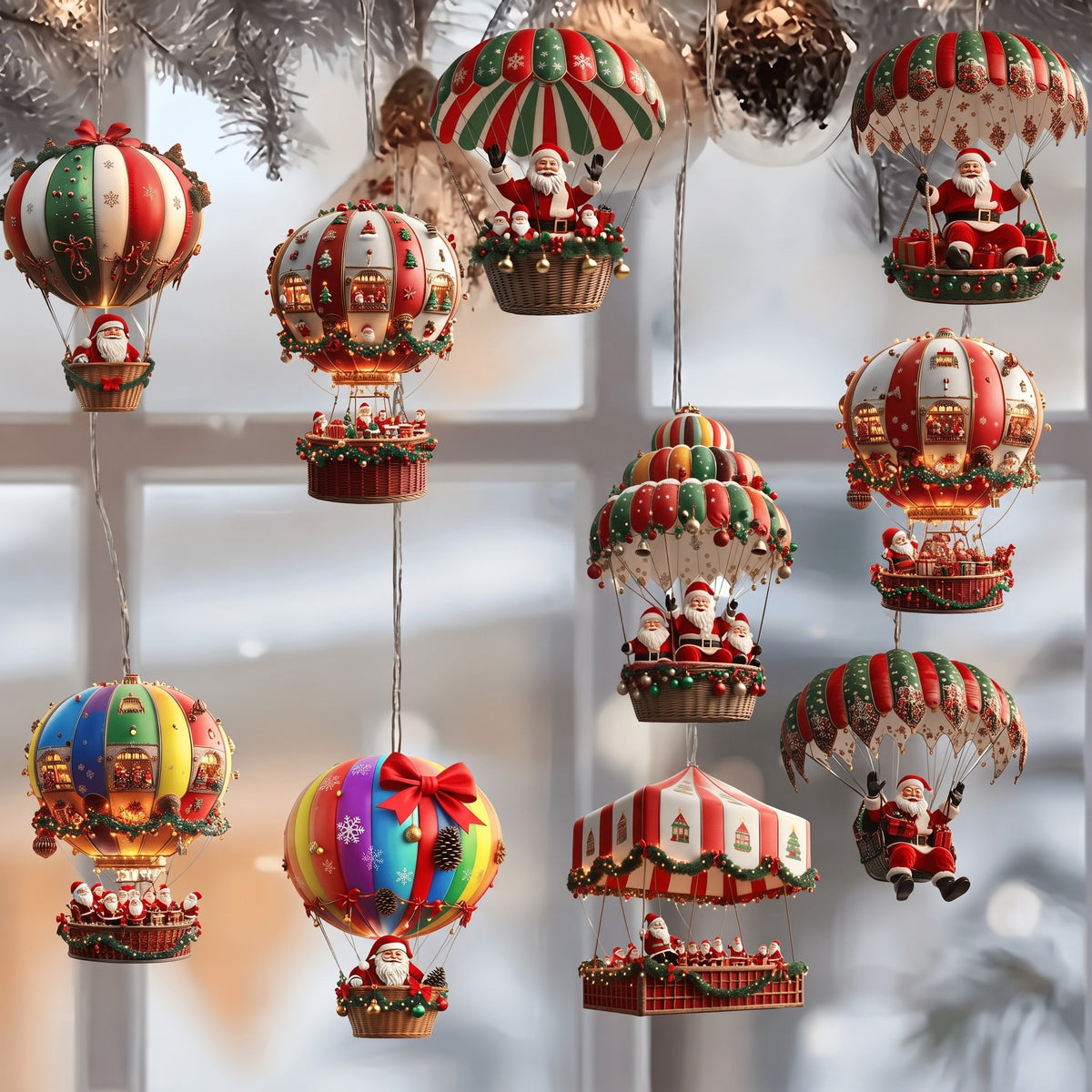 Set of wooden Santa and hot air balloon ornaments