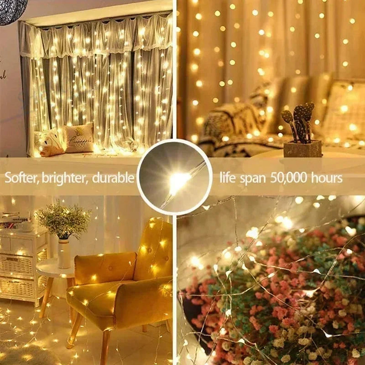 Warm white LED curtain lights in a living room