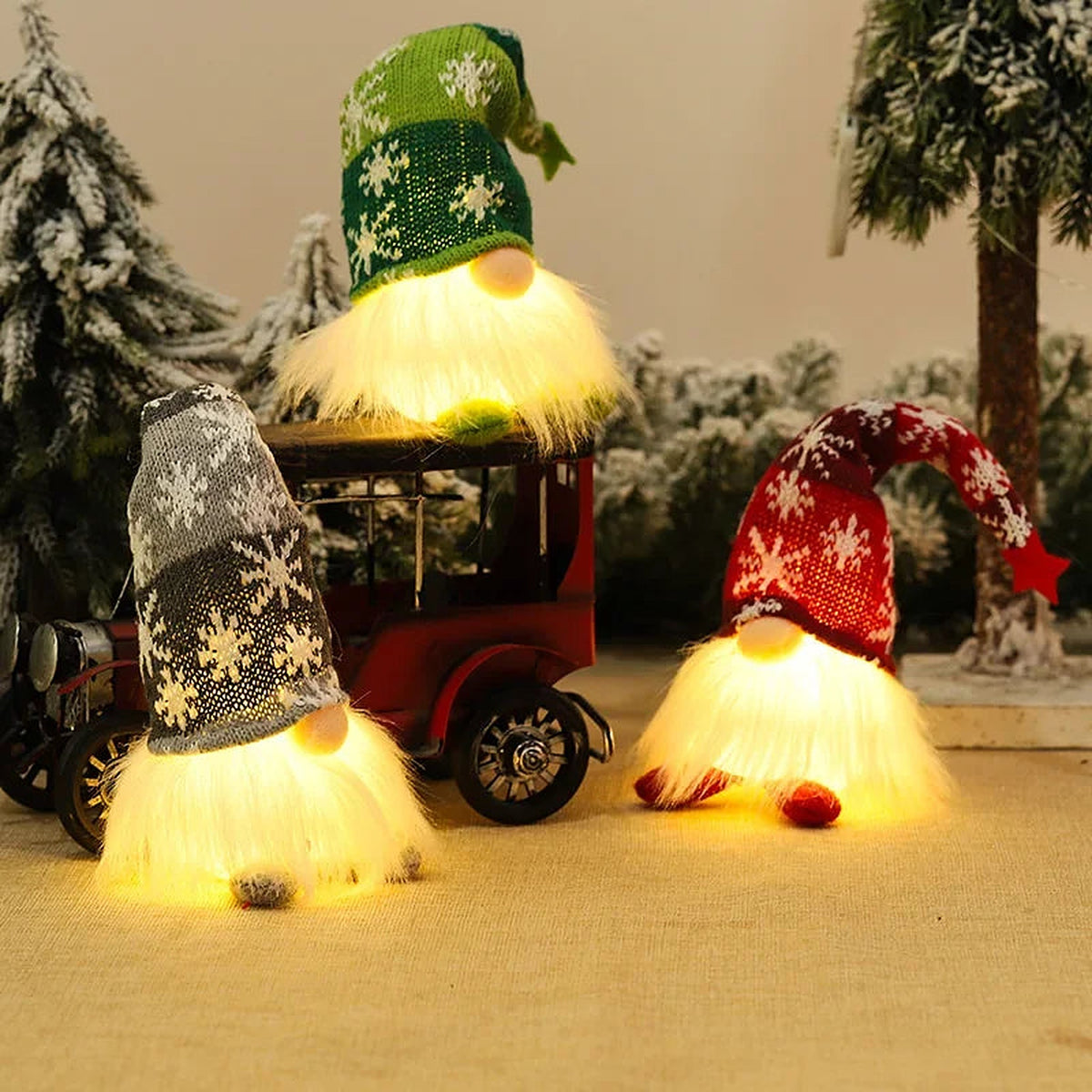 Short light-up gnomes glowing around a toy truck