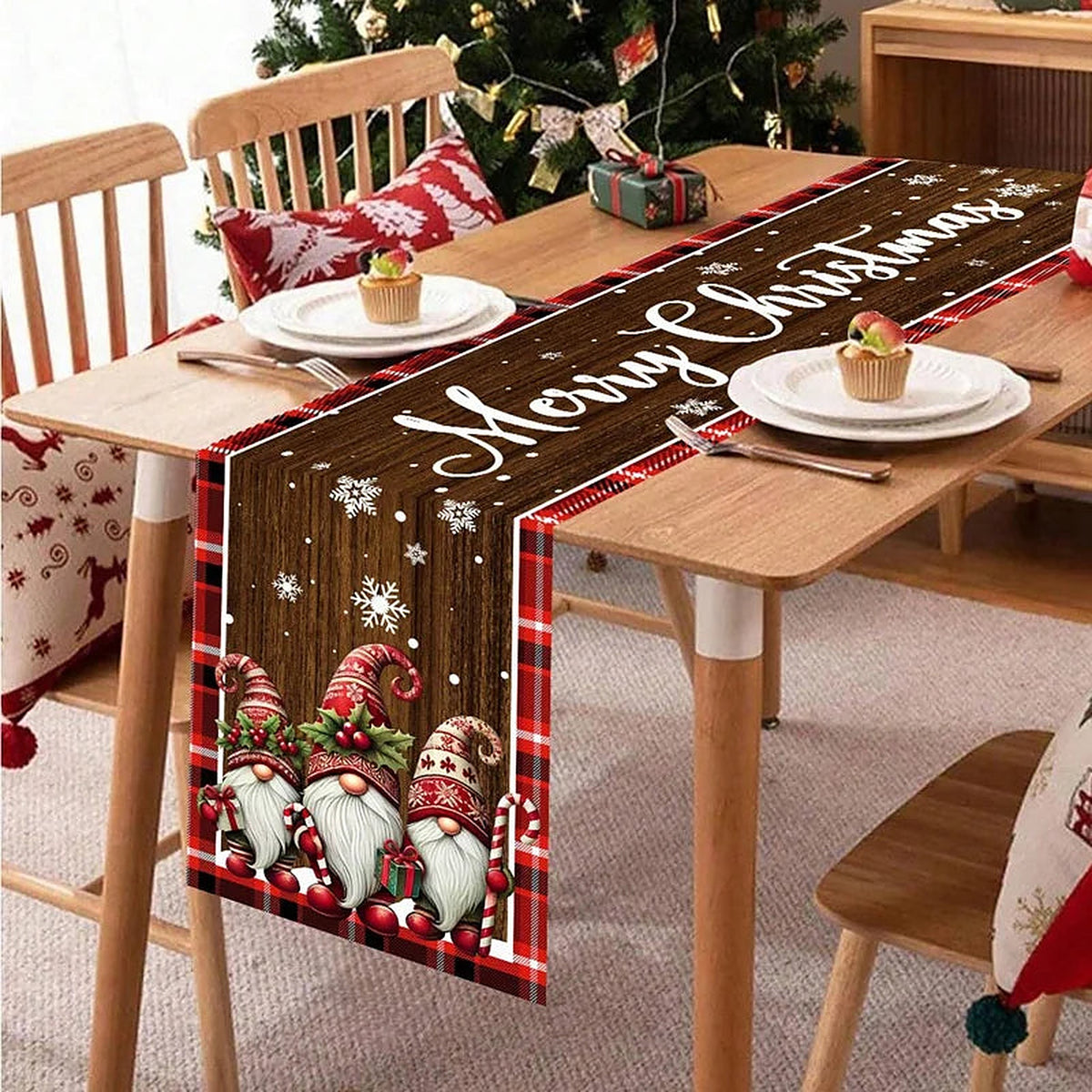 Brown gnome Merry Christmas table runner on a dining table