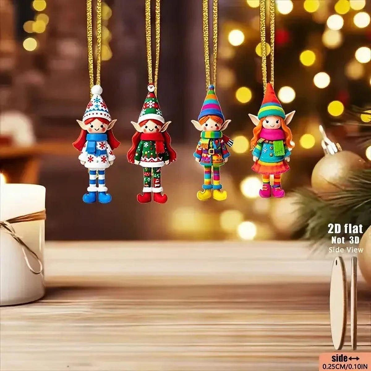 Four wooden elf ornaments hanging from gold strings