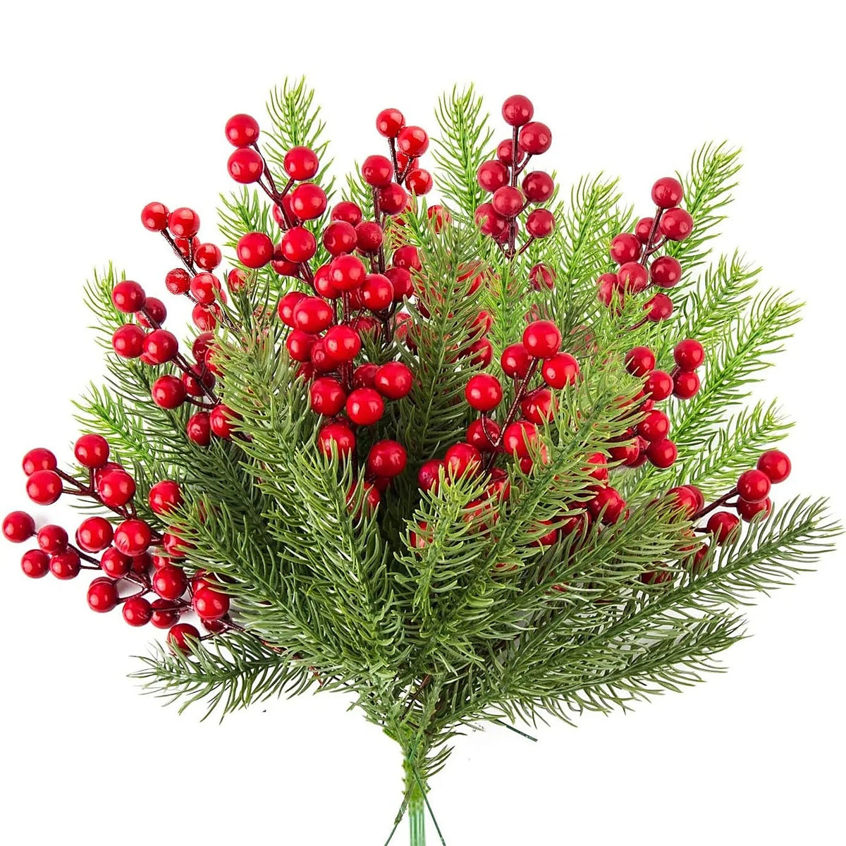 Bouquet of green pine and red berry picks