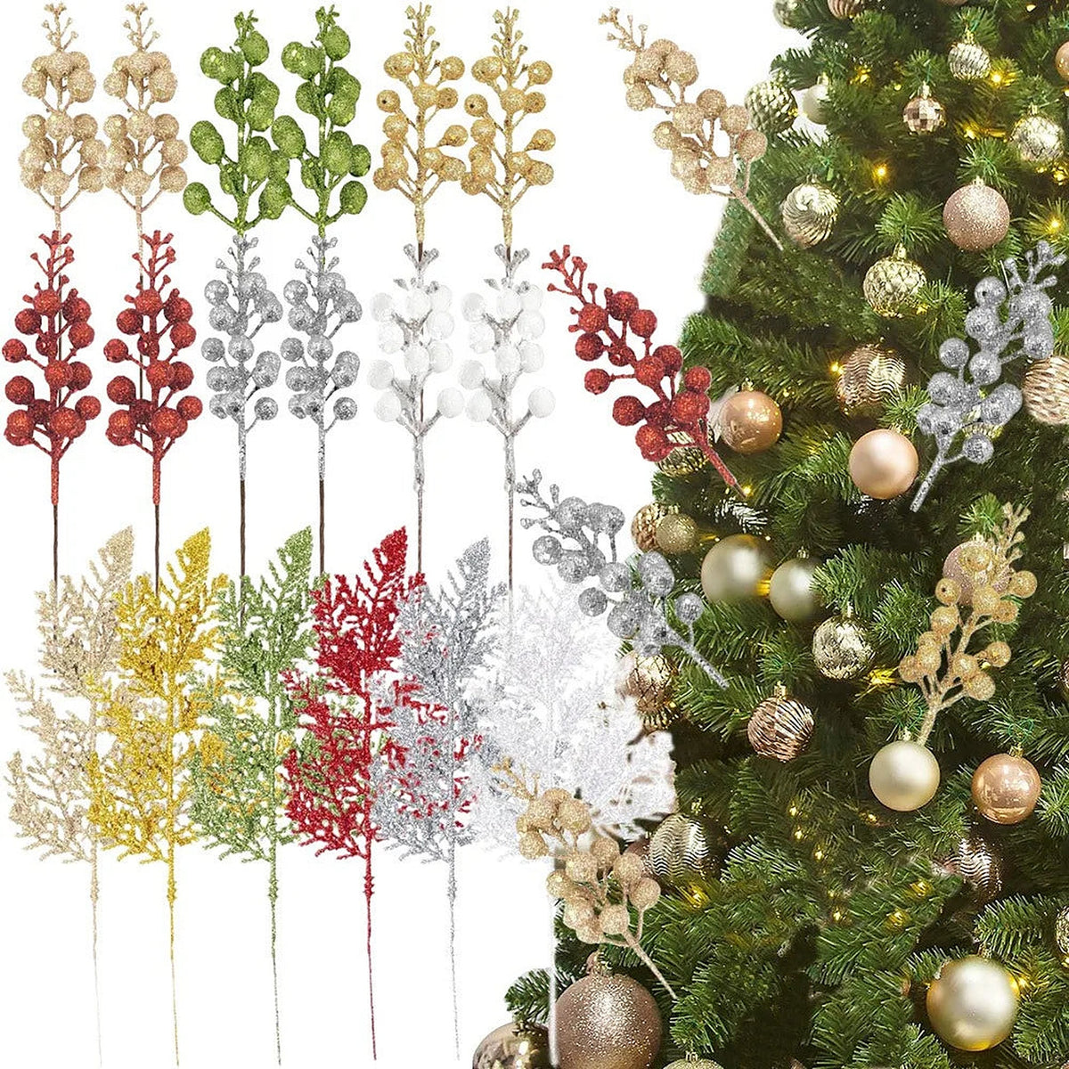 Assorted glitter berry and pine picks in festive colors next to a Christmas tree