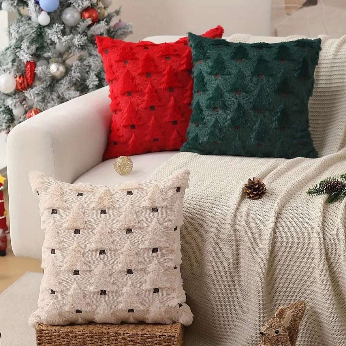 Red, green and beige tufted Christmas tree pillow covers