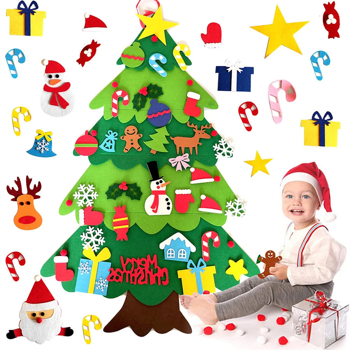 Felt Christmas tree with snowman, gifts and candy cane ornaments beside a toddler