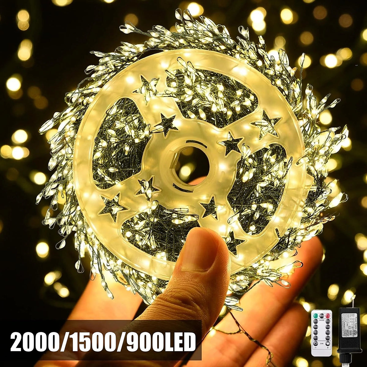 Firecracker lights reel in a hand; 900, 1,500 or 2,000 LEDs, with remote