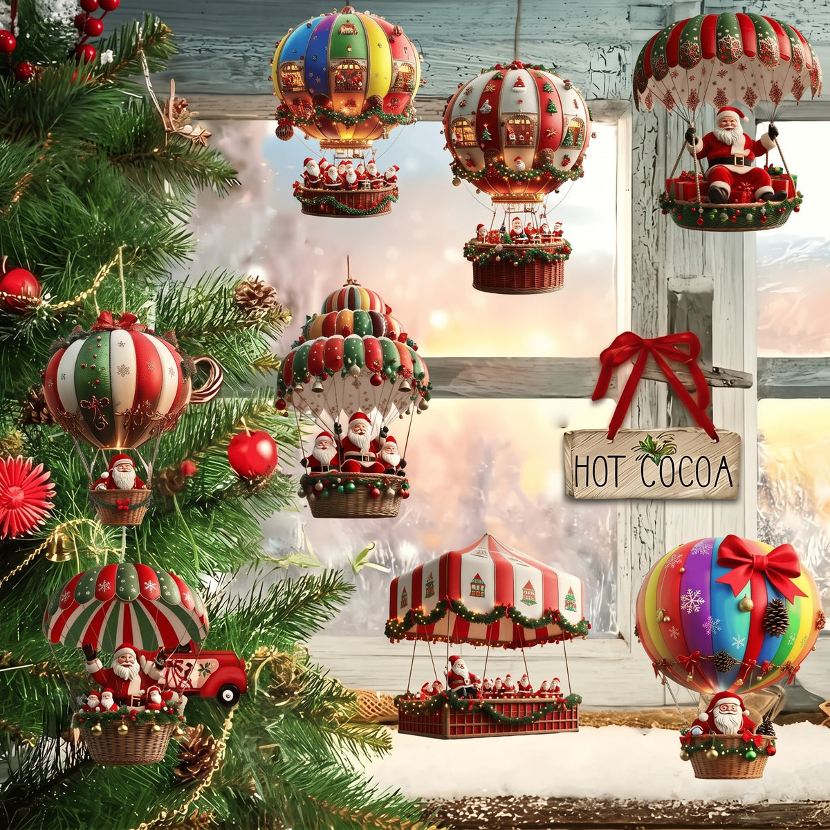 Wooden hot air balloon ornaments on a tree by a window