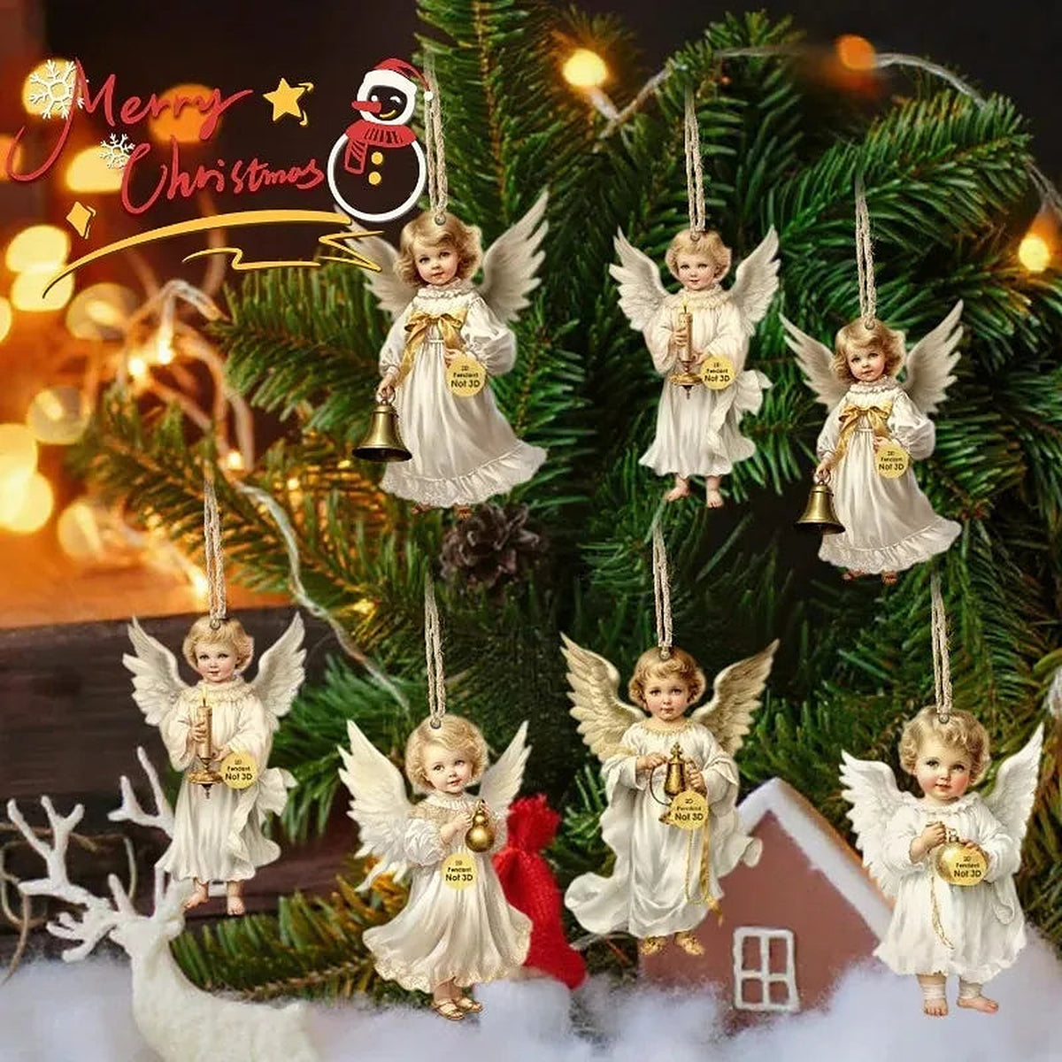 Wooden angel ornaments on a Christmas tree with warm lights