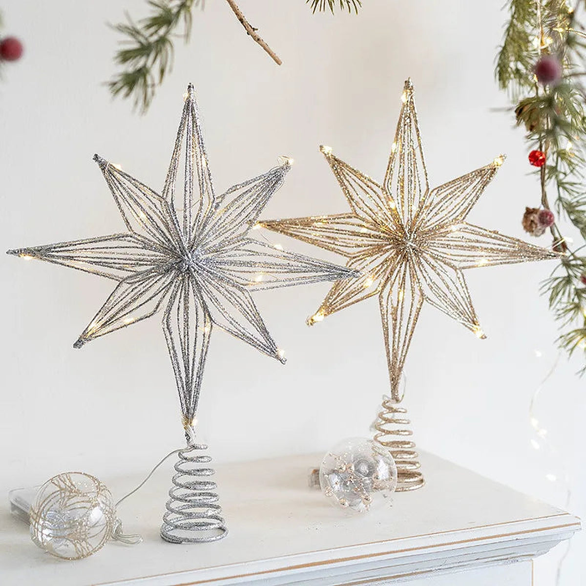 Silver and gold glitter wire star tree toppers