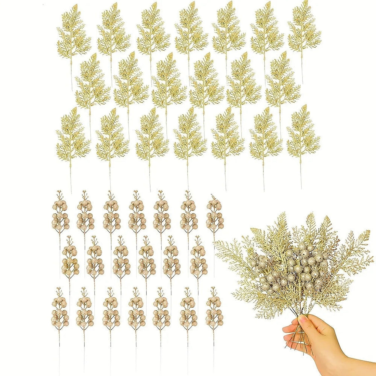 Gold glitter pine and berry picks with a hand-held bouquet