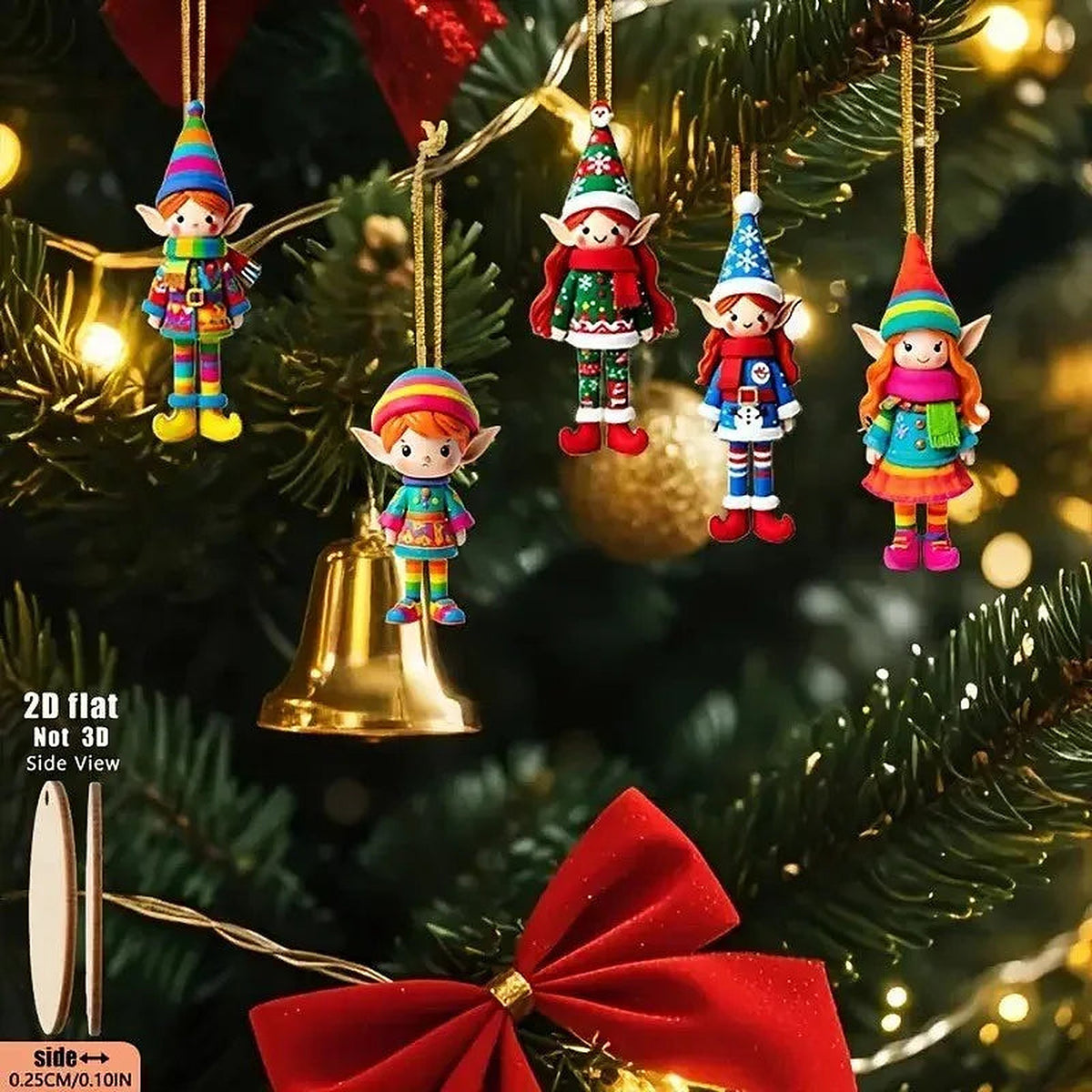 Wooden elf ornaments on a tree beside a gold bell and red bow