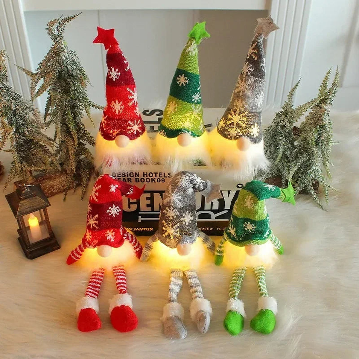 Long-leg and short-leg light-up knitted gnomes in red, green and grey