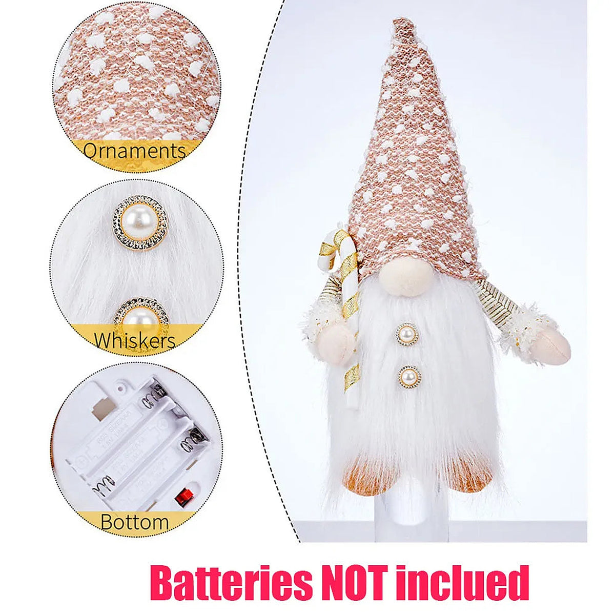 Light-up gnome details: hat, whiskers and battery compartment; batteries not included