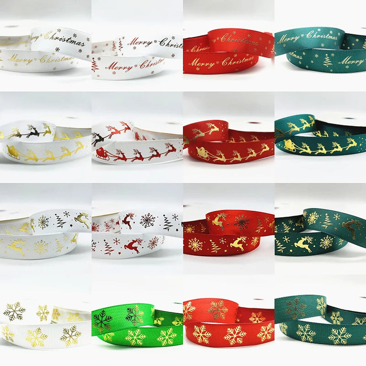 Christmas ribbon designs: reindeer, sleighs, snowflakes and Merry Christmas