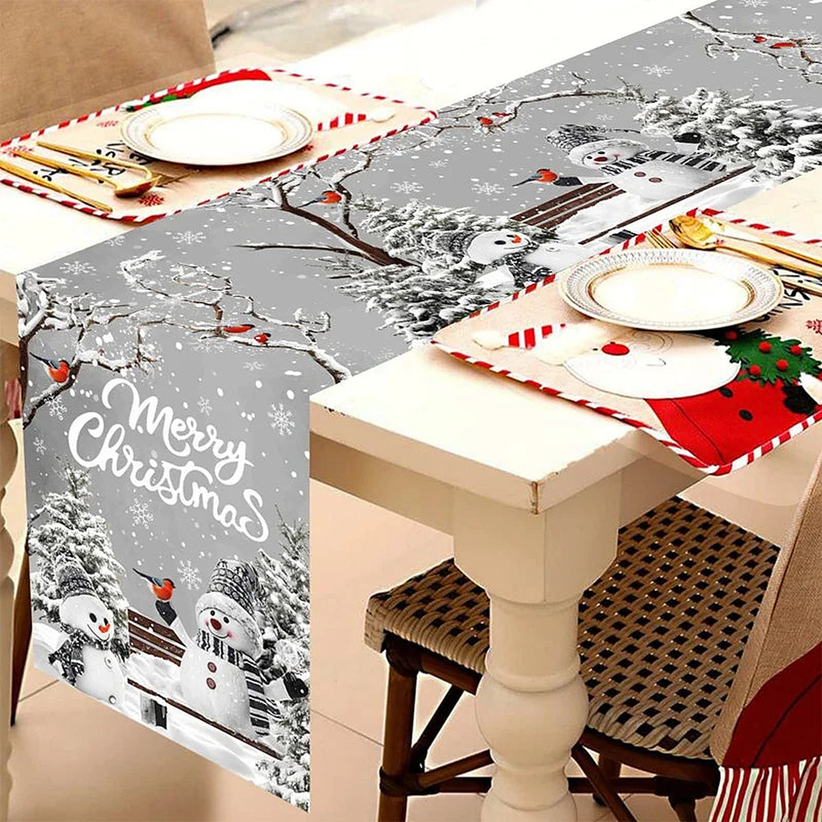 Silver snowman Merry Christmas table runner