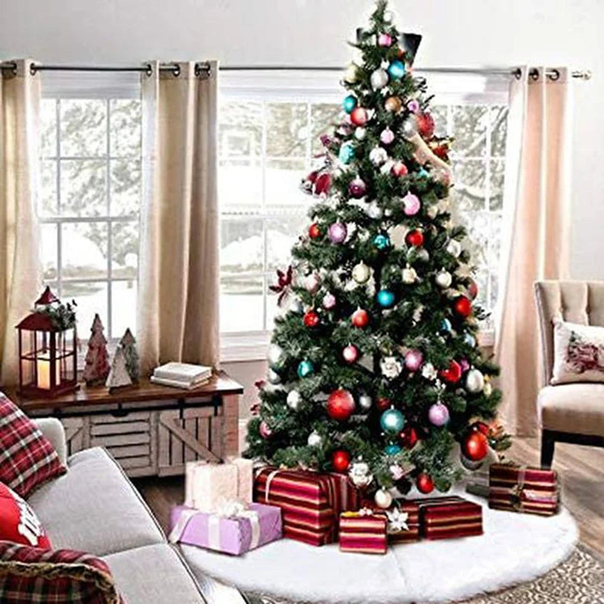 White plush tree skirt in a living room with presents