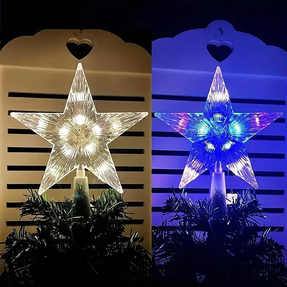 LED star tree topper shown in warm white and blue light