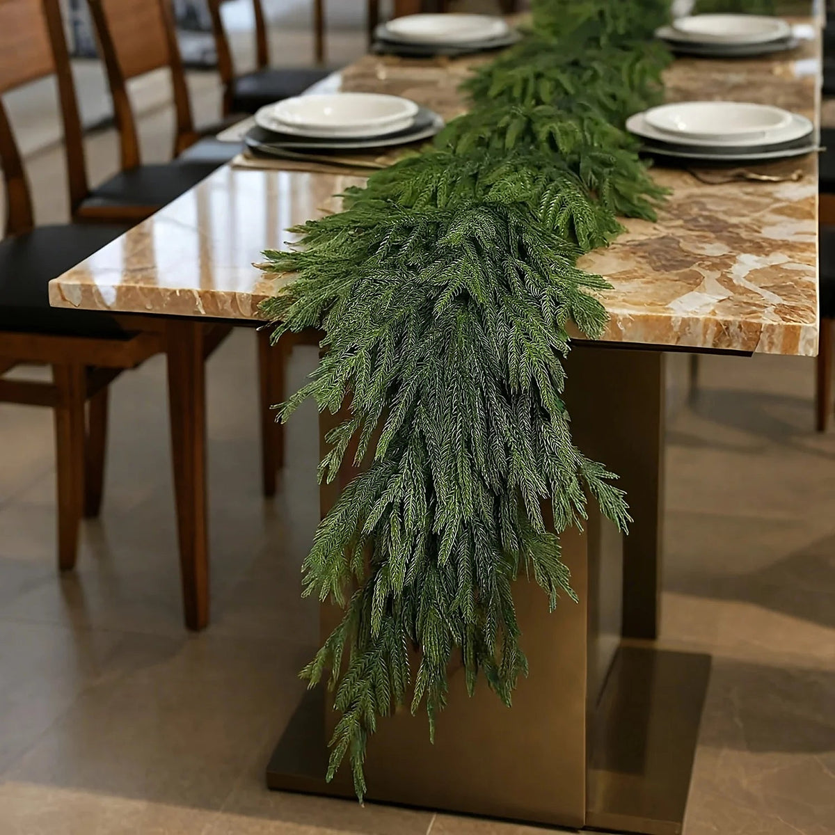Norfolk pine garland as a dining table runner