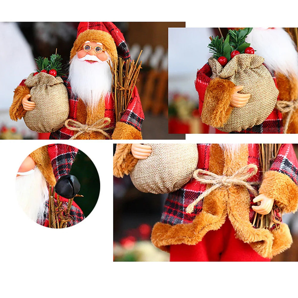 Close-up details of the woodcutter Santa: sack, beard and fur trim