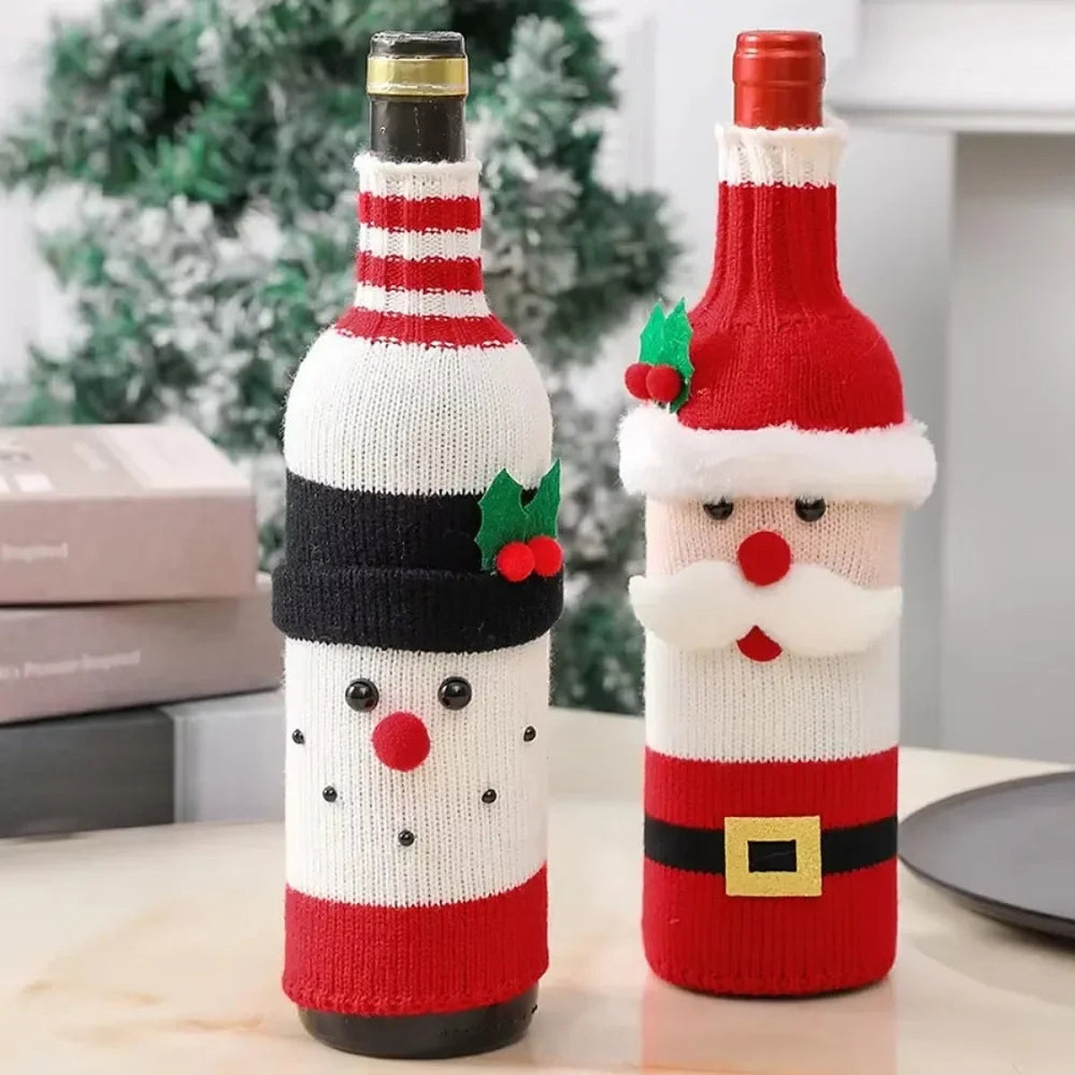 Snowman and Santa knit wine bottle covers