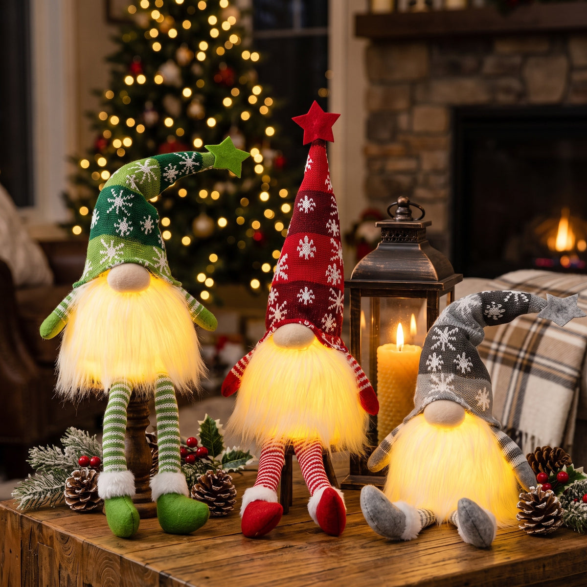 Glowing knitted Christmas gnomes beside a lantern and Christmas tree