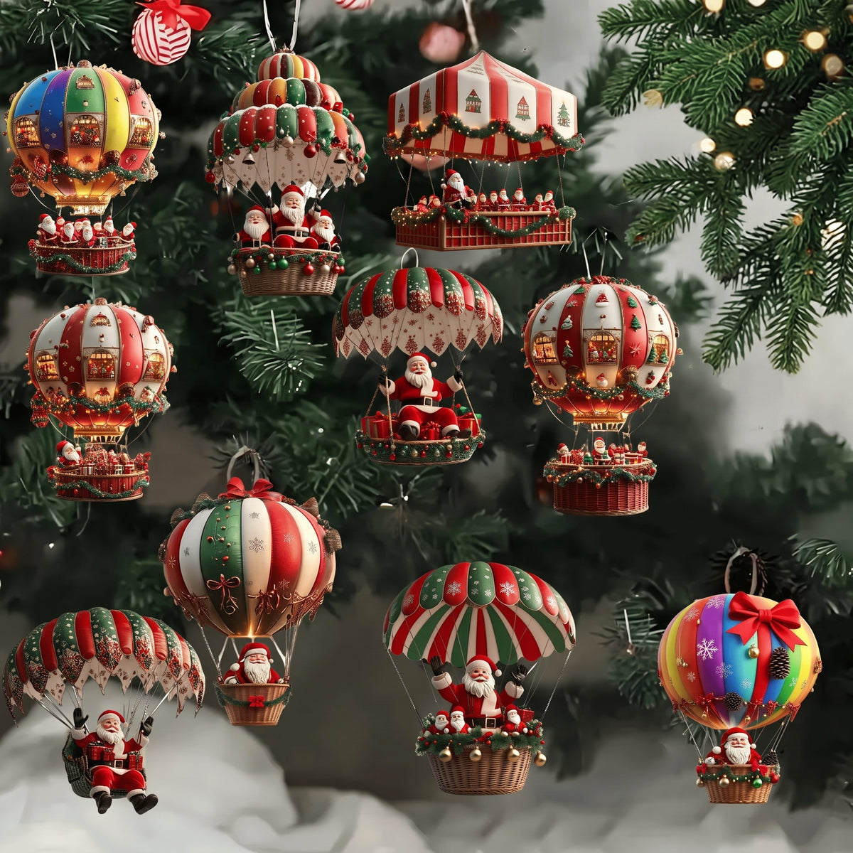 Wooden Santa ornaments on an evergreen tree