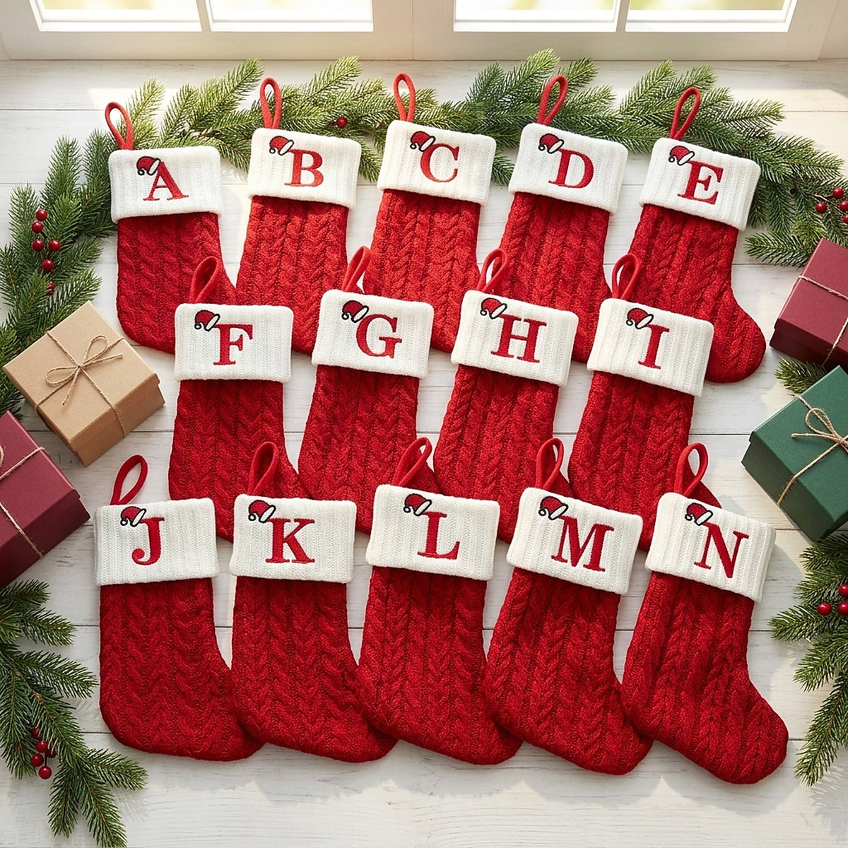 Red knit mini stockings with letters A to N arranged in rows
