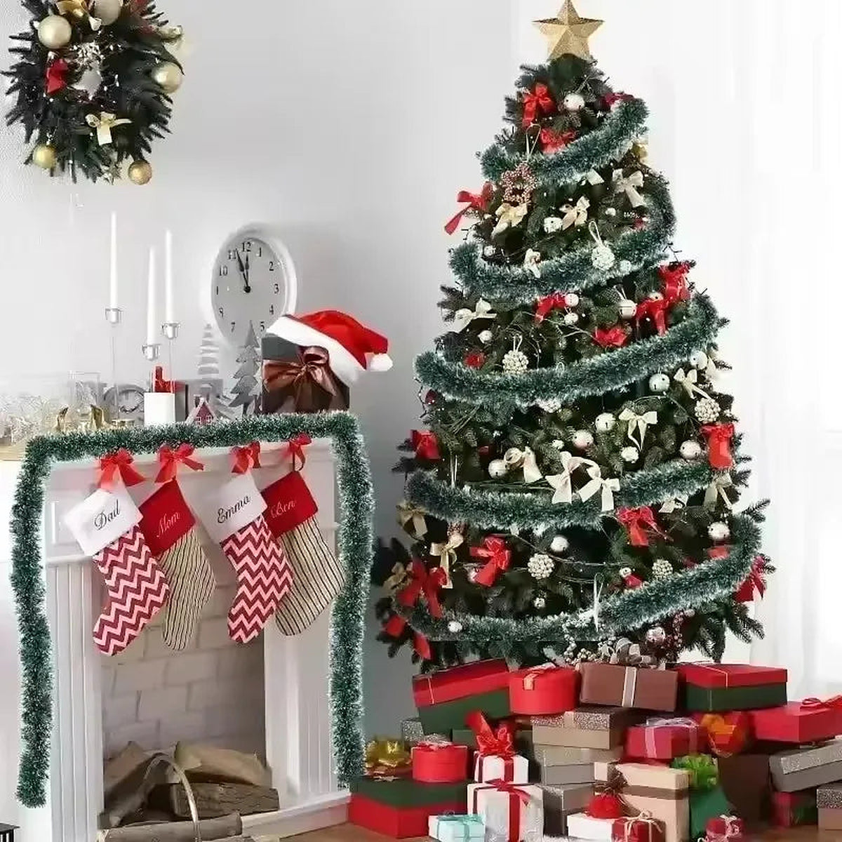 Tinsel garland on a fireplace and Christmas tree