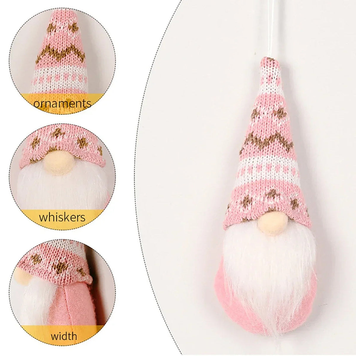 Close-up of a pink plush gnome ornament's hat, whiskers and hanging loop